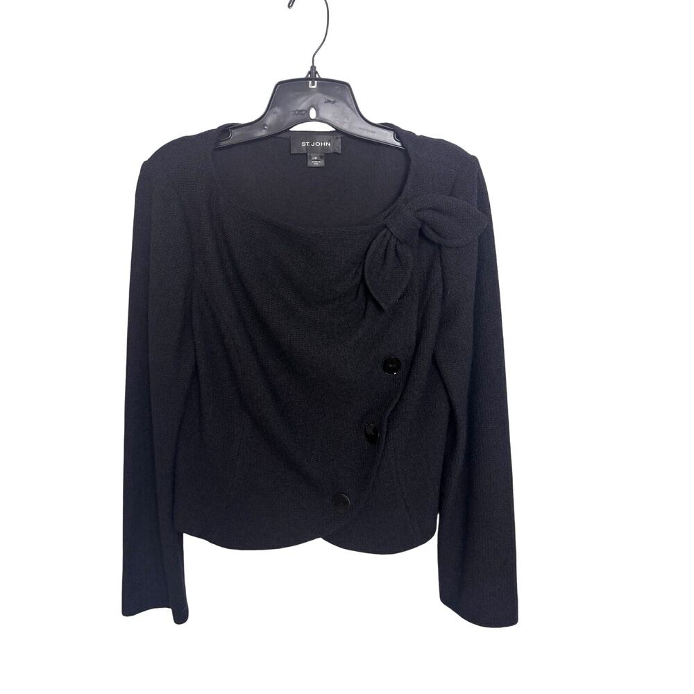 St John Black Boucle Knit Jacket Cardigan Asymmetric Bow 8 USA